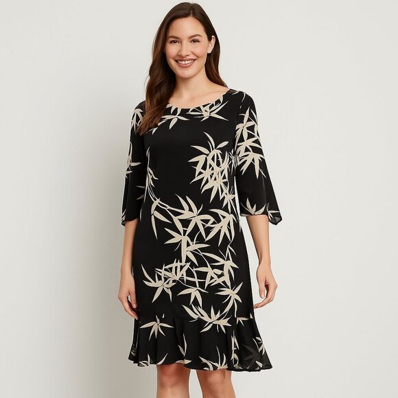 Jessica Howard Dresses & Skirts - Jessica Howard Black Ivory Bamboo Print Chiffon Midi Dress Ruffle Hem Size 6